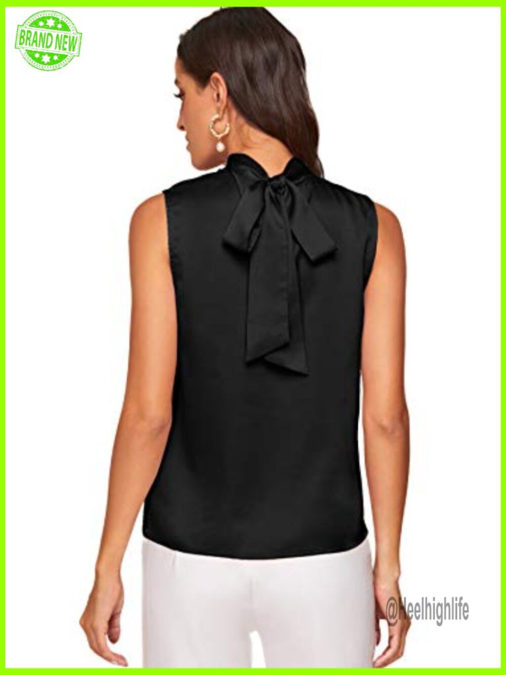 Elegant Sleeveless Satin Blouse with Tie Back and Pleated Mock Neck - Picture 2 of 5